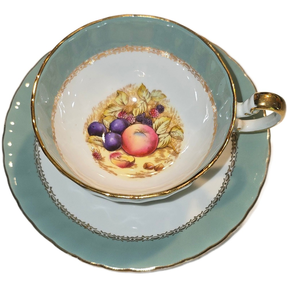 Aynsley England Teacup Saucer Set Turquoise Blue Fruit Orchard D Jones Signed